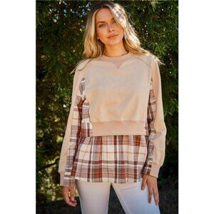 And The Why Full Size Double Layered‎ Plaid Contrast Sweatshirt